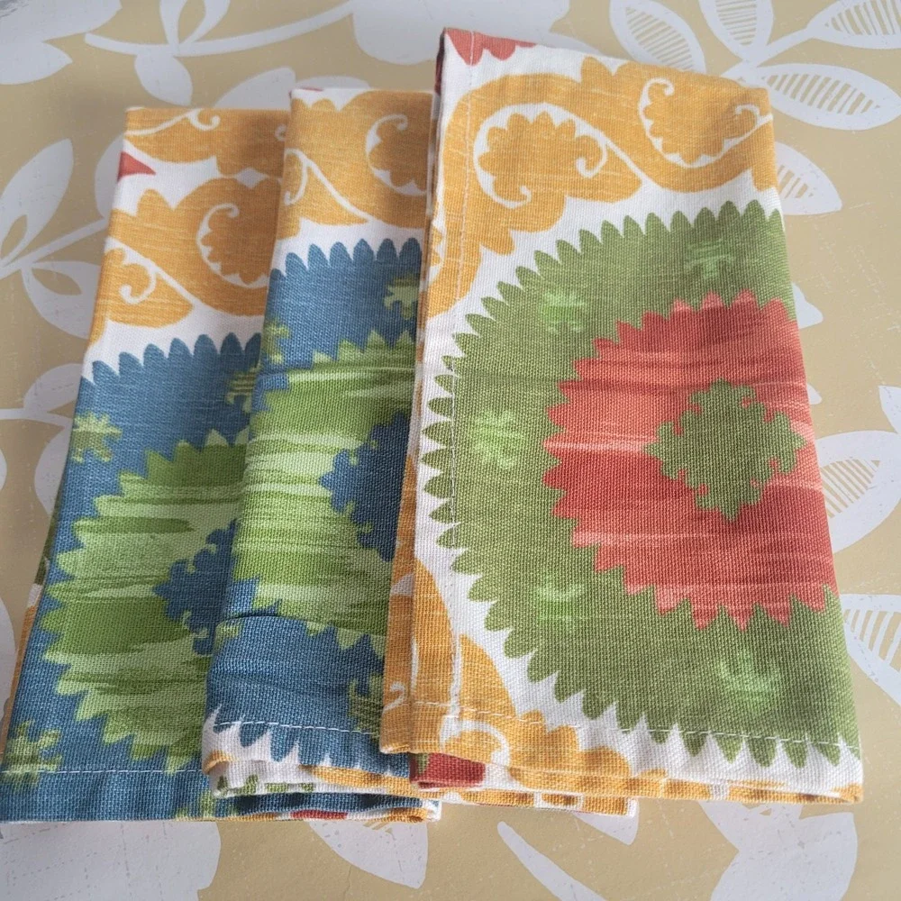 World Market Set Of 3 Cotton Cloth Napkins Gold Blue Olive & Red 20x20 Boho